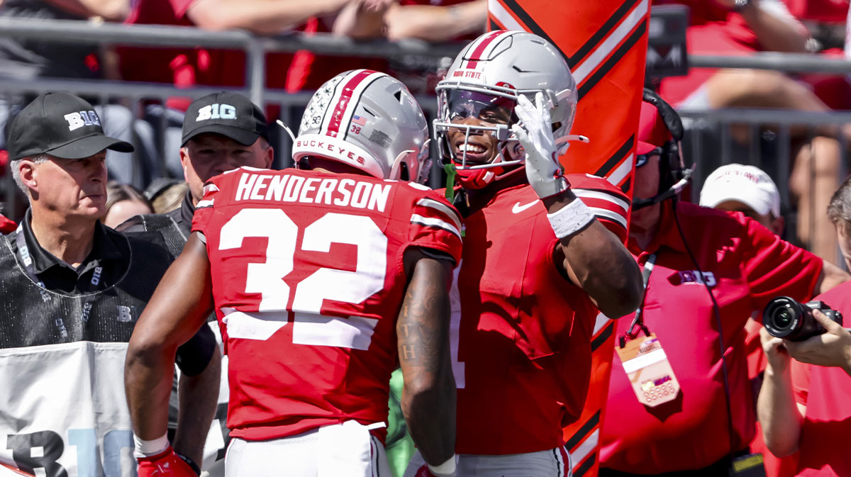 Ohio State Buckeyes running back TreVeyon Henderson (32) celebrates the touchdown with running back Quinshon Judkins (1) during the second quarter against the Marshall Thundering Herd at Ohio Stadium.