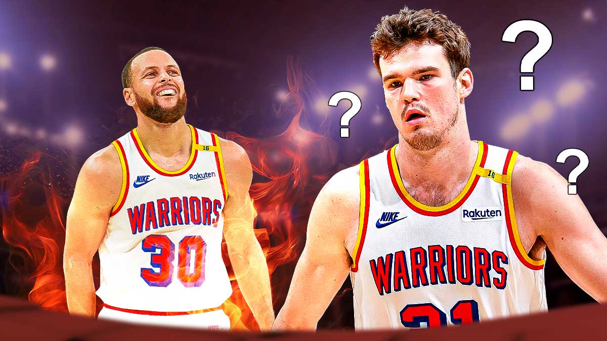 Warriors' Quinten Post with question marks all over him, with Stephen Curry on fire beside him
