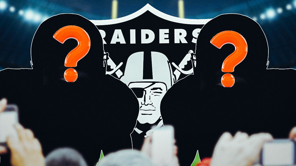 Two silhouettes of American football players with big question mark emojis in side. There are also logos for the Las Vegas Raiders and Kansas City Chiefs.