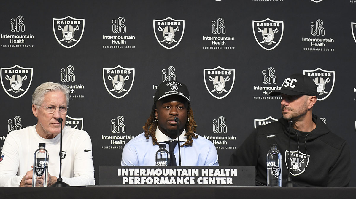 Las Vegas Raiders head coach Pete Carroll, Ashton Jeanty and general manager John Spytek during a news conference introducing Jeanty as the first round draft pick in the 2025 NFL Draft at Intermountain Health Performance Center.