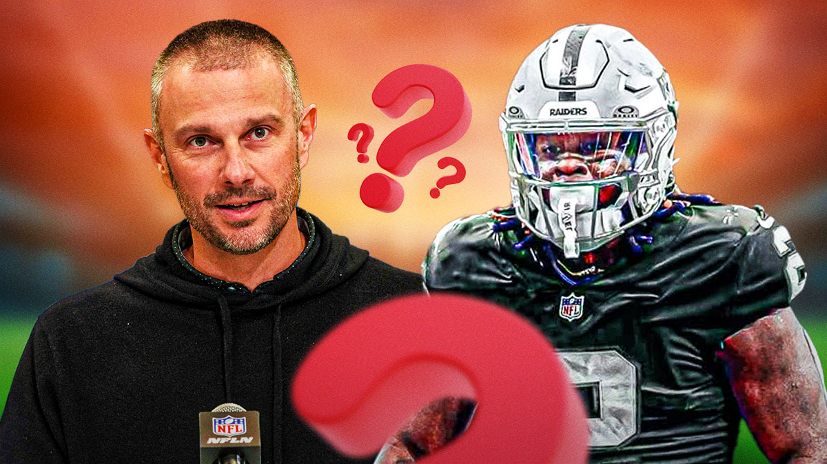 John Spytek on one side, Ashton Jeanty in a Las Vegas Raiders uniform on the other side with a bunch of question marks around him