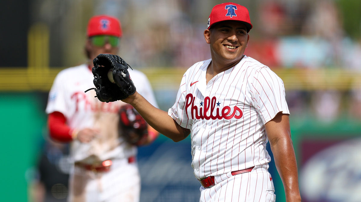 Philadelphia Phillies pitcher Ranger Suarez (55) races after a play against the New York Yankees in the fifth inning during spring training at BayCare Ballpark.