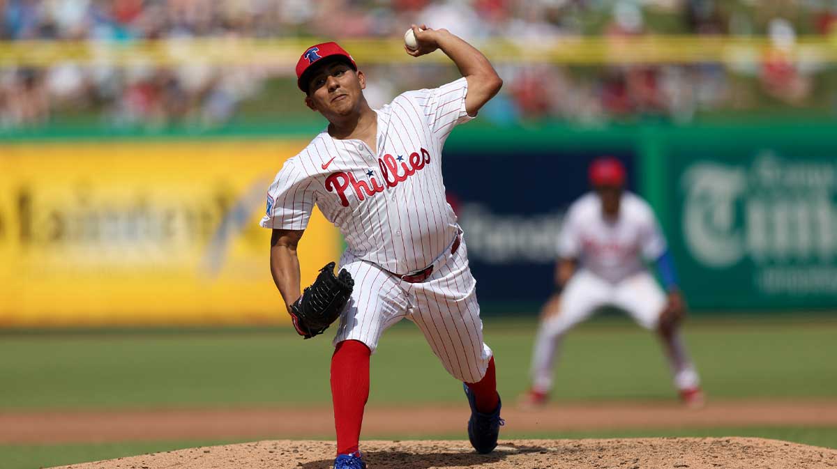 Philadelphia Phillies pitcher Ranger Suarez (55) throws a pitch against the New York Yankees in the fifth inning during spring training at BayCare Ballpark. 