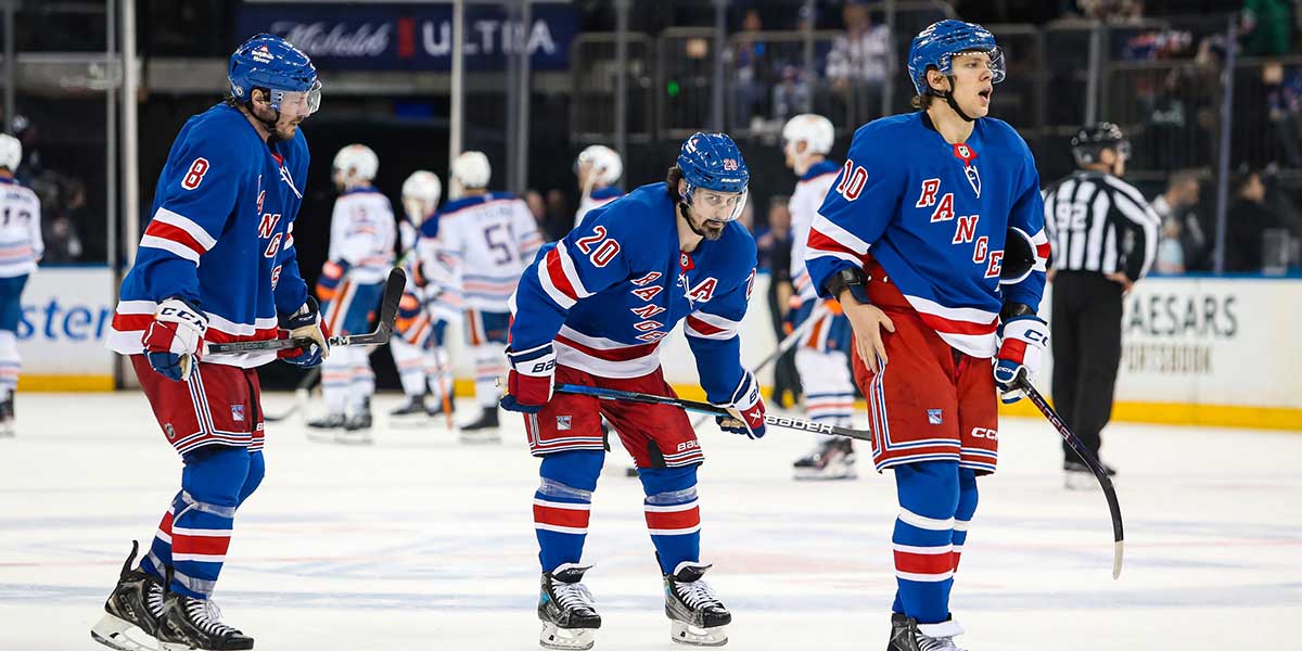 New York Rangers left wing Artemi Panarin (10), left wing Chris Kreider (20) and center J.T. Miller (8) skate off the ice after a 3-1 loss against the Edmonton Oilers during the third period at Madison Square Garden.