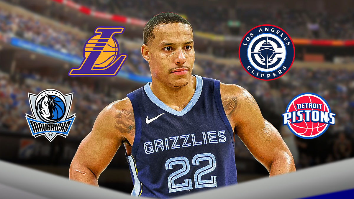 Grizzlies' Desmond Bane looking serious, with Lakers, Clippers, Mavericks, Pistons logos all over him