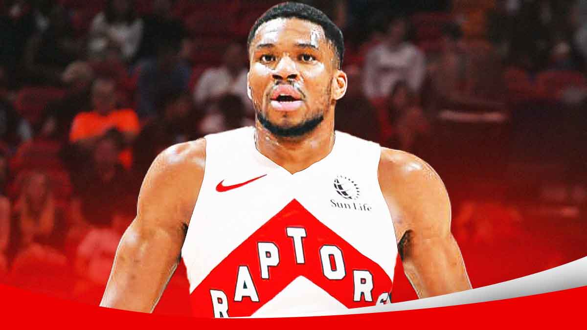 Giannis Antetokounmpo photoshopped in Raptors jersey.
