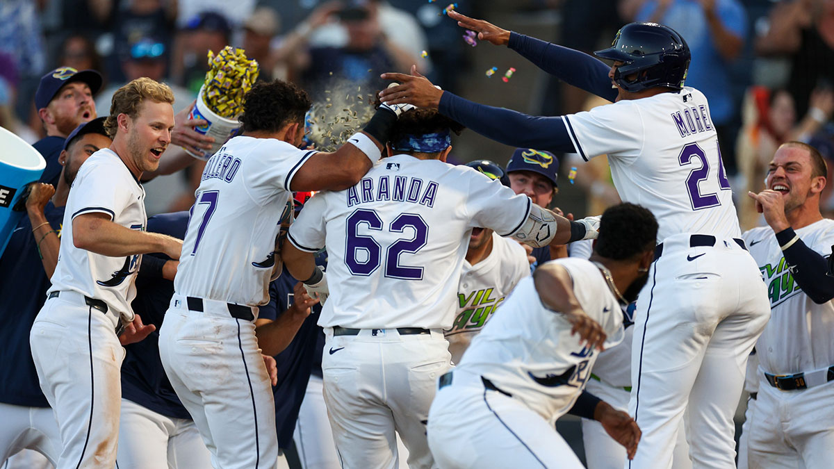 Tampa Bay Rays first baseman Jonathan Aranda (62) celebrates after hitting a two run walk off home run against the New York Yankees in the tenth inning at George M. Steinbrenner Field.