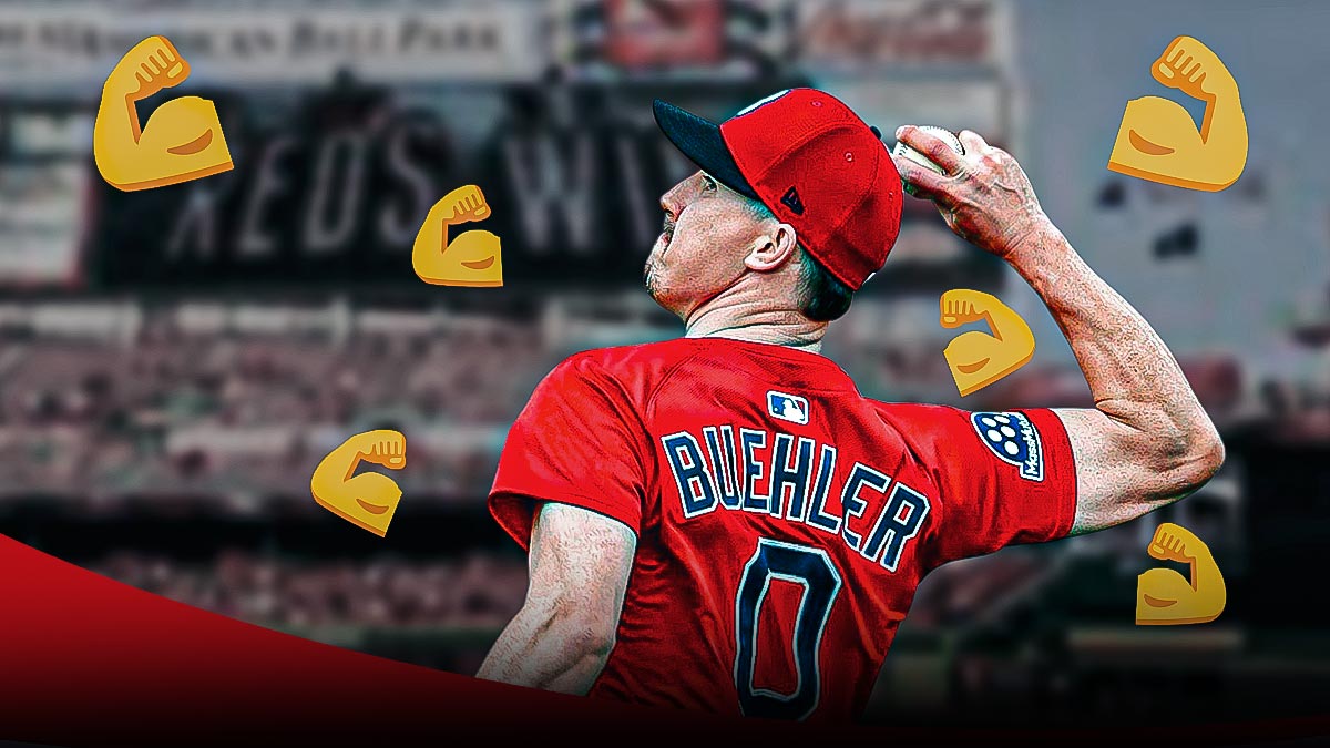 Walker Buehler pitching in a Boston Red Sox uniform with flexed biceps emojis as the red sox beat the blue jays thursday.