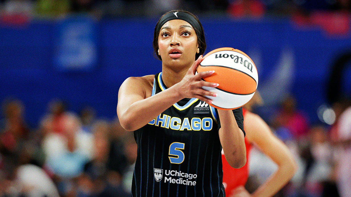 Chicago Sky forward Angel Reese (5) shoots a free throw against the Indiana Fever during the second half at Wintrust Arena.