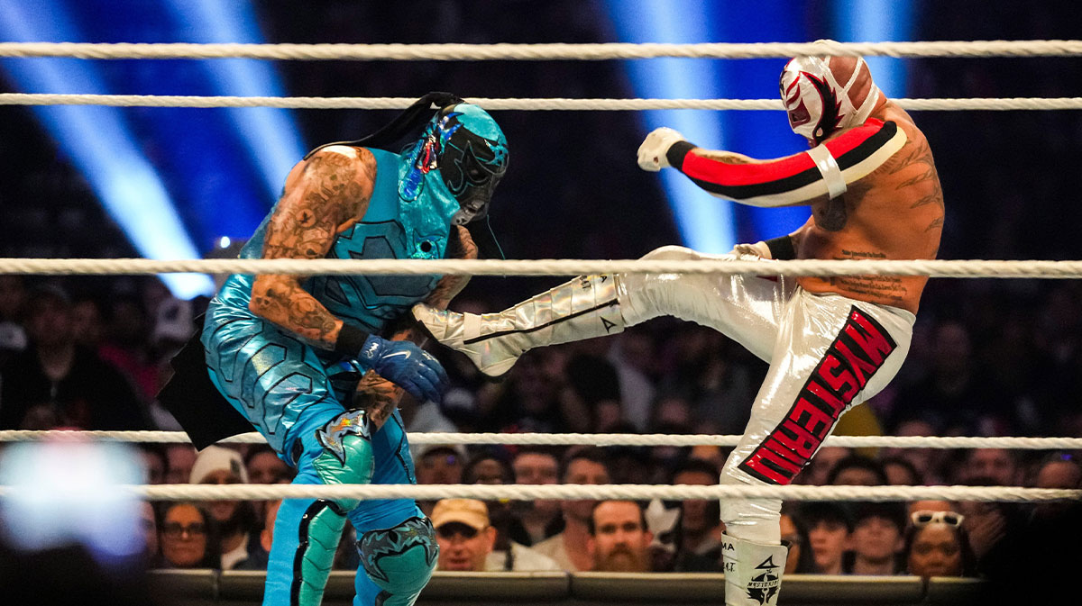 Penta (left) and Rey Mysterio face off Saturday, Feb. 1, 2025, during the WWE Royal Rumble at Lucas Oil Stadium in Indianapolis.