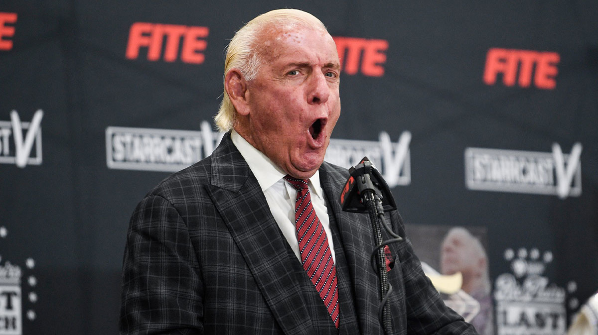 Ric Flair exclaims his trademark WOOO at his Last Match press conference at the Fairgrounds in Nashville, Tenn., Thursday, June 23, 2022. Ric Flair Last Match Press Conference