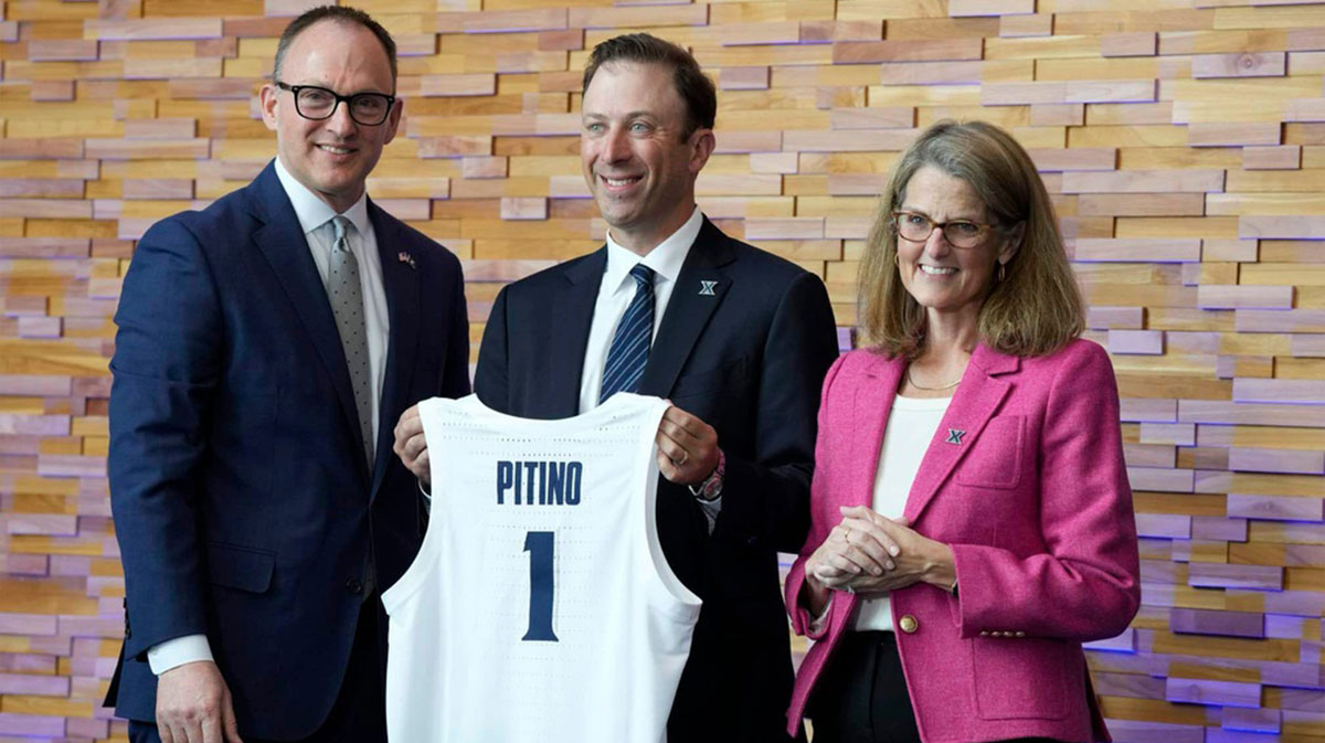 Vice President for Institutional Strategy and Director of Athletics Greg Christopher and Xavier President Dr. Colleen M. Hanycz introduce new Xavier men's basketball head coach Richard Pitino on Tuesday, April 1, 2025.
