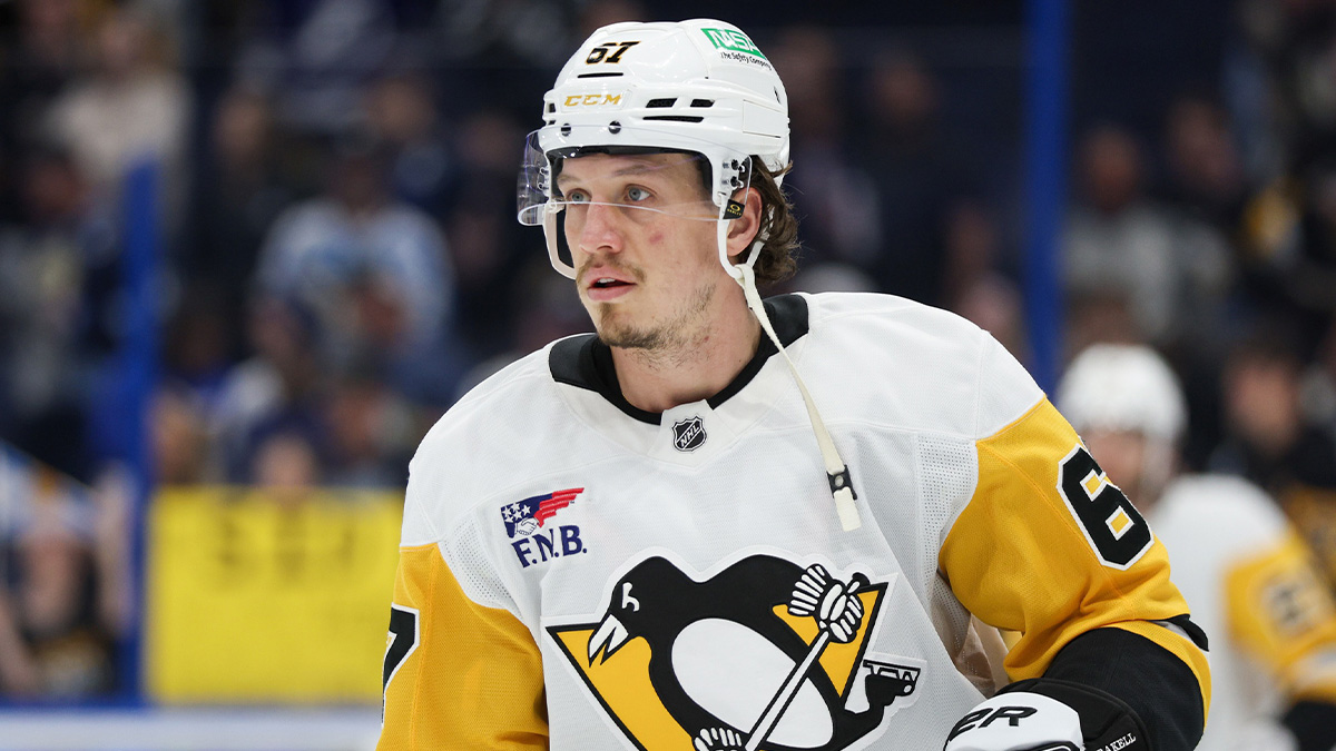 Pittsburgh Penguins right wing Rickard Rakell (67) warms up before a game against the Tampa Bay Lightning at Amalie Arena.