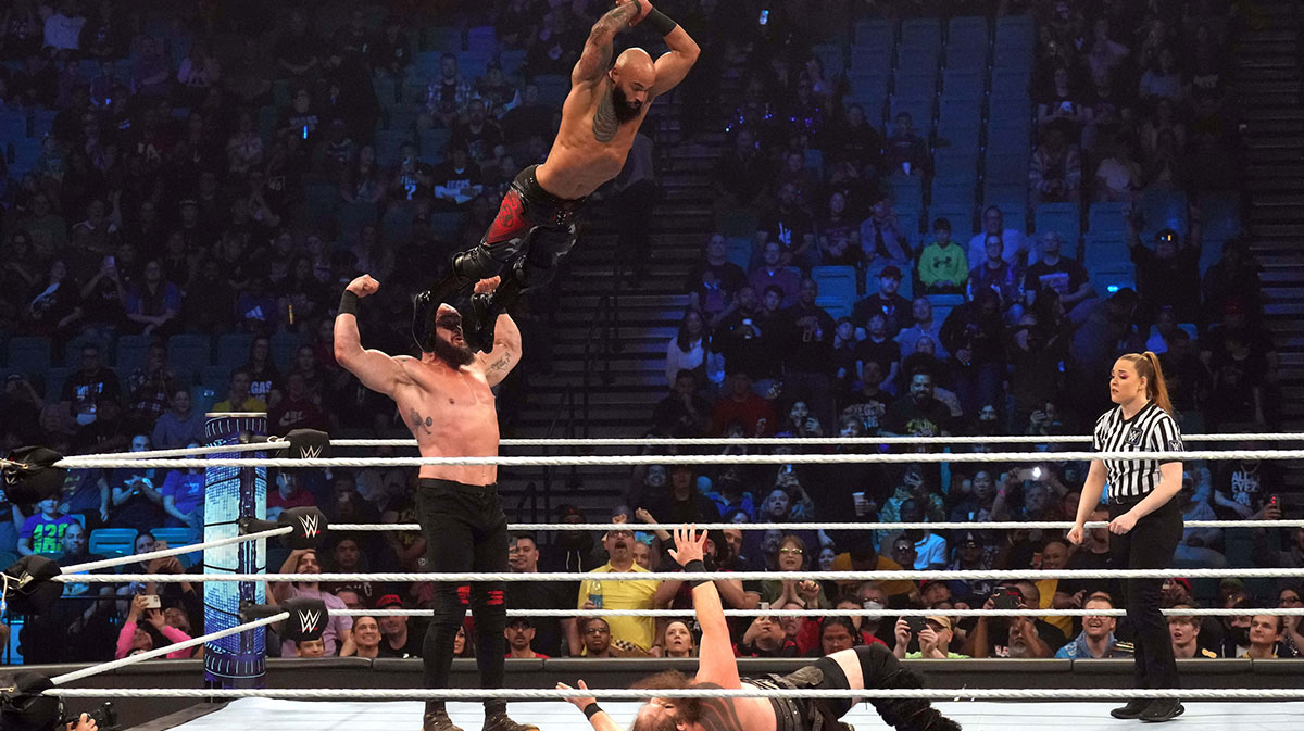 Former WWE and current AEW star Ricochet, who recently criticized Nick Khan, jumping off of Braun Strowman.
