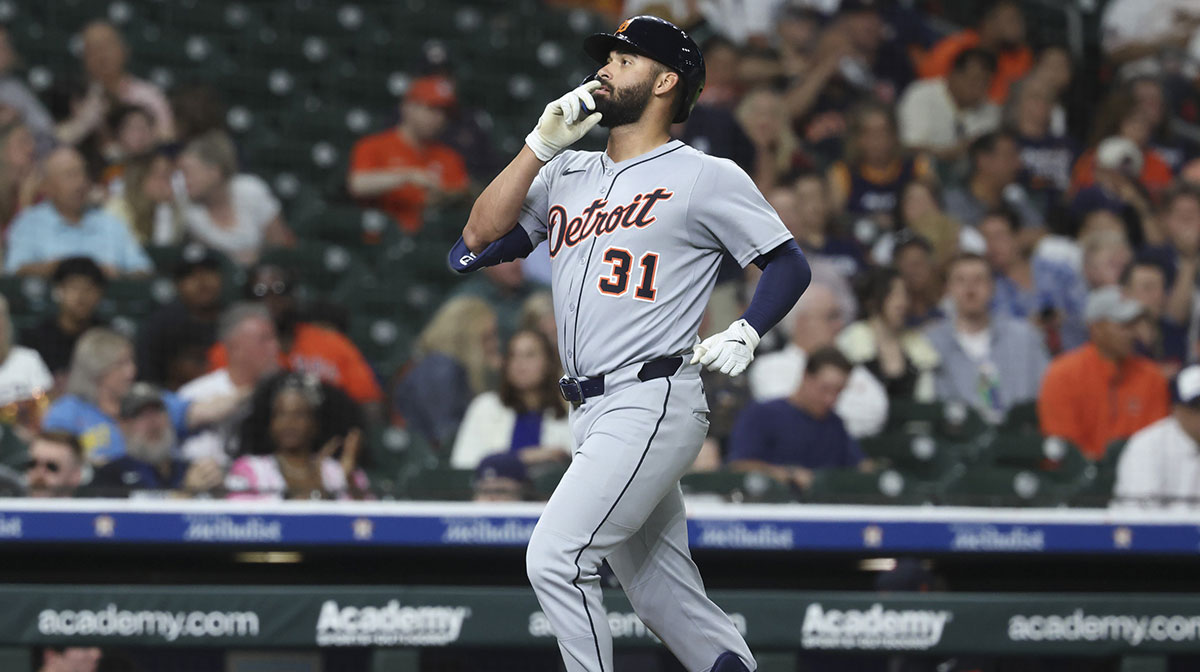 Detroit Tigers right fielder Riley Greene (31) rounds the bases after hitting a home run during the fourth inning against the Houston Astros at Daikin Park.