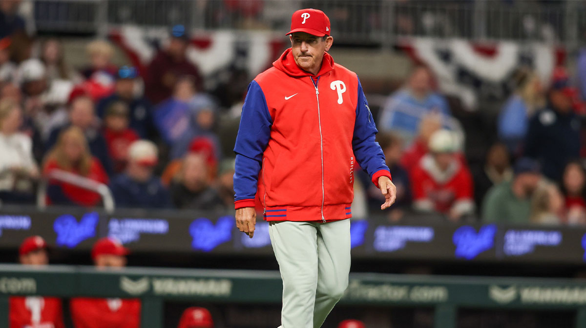 Philadelphia Phillies manager Rob Thomson (59) makes a pitching change against the Atlanta Braves in the sixth inning at Truist Park.