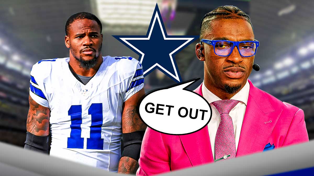Featured Graphic idea: Robert Griffin III (in a suit or coat) with speech bubble next to him that says "Get Out" next to an image of Cowboys Micah Parsons looking upset. Cowboys logo in background