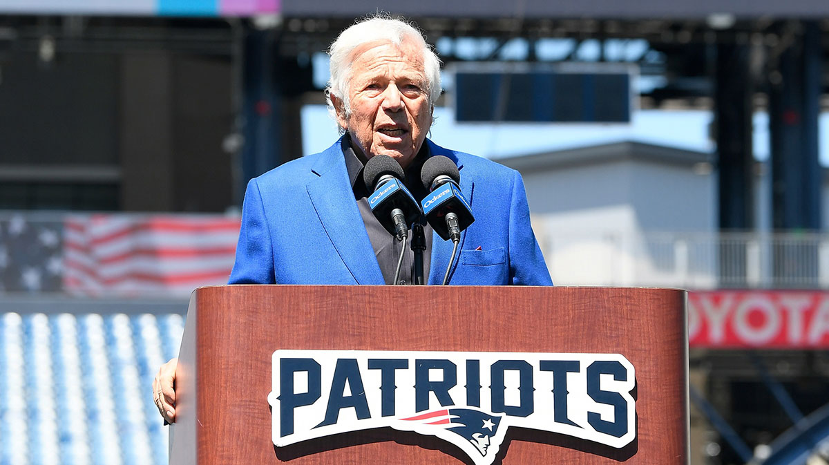 New England Patriots owner Robert Kraft introduces the team's number one draft pick on the game field at Gillette Stadium.