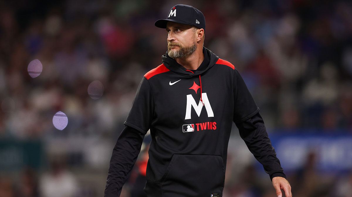 Minnesota Twins manager Rocco Baldelli (5) makes a pitching change against the Atlanta Braves in the sixth inning at Truist Park.