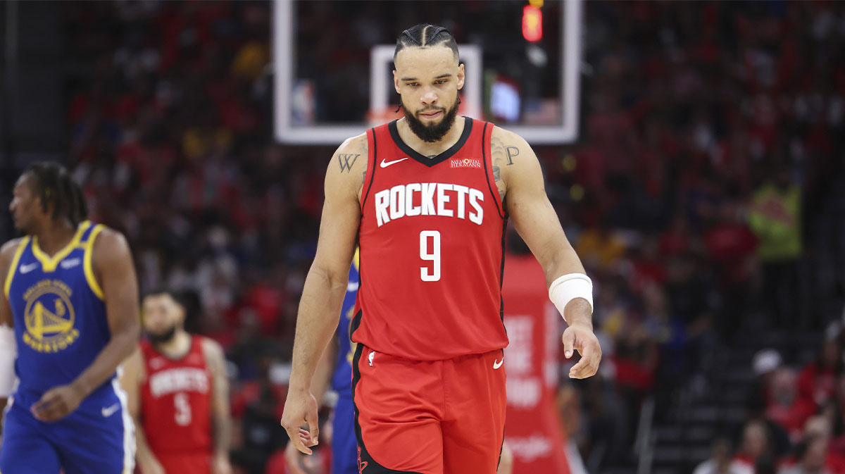 Houston Rockets forward Dillon Brooks (9) reacts after a play during the third quarter against the Golden State Warriors at Toyota Center.