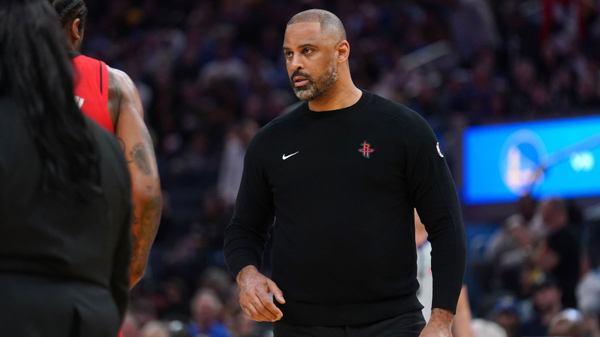 Houston Rockets head coach Ime Udoka stands on the court during a timeout against the Golden State Warriors in the third quarter at the Chase Center.