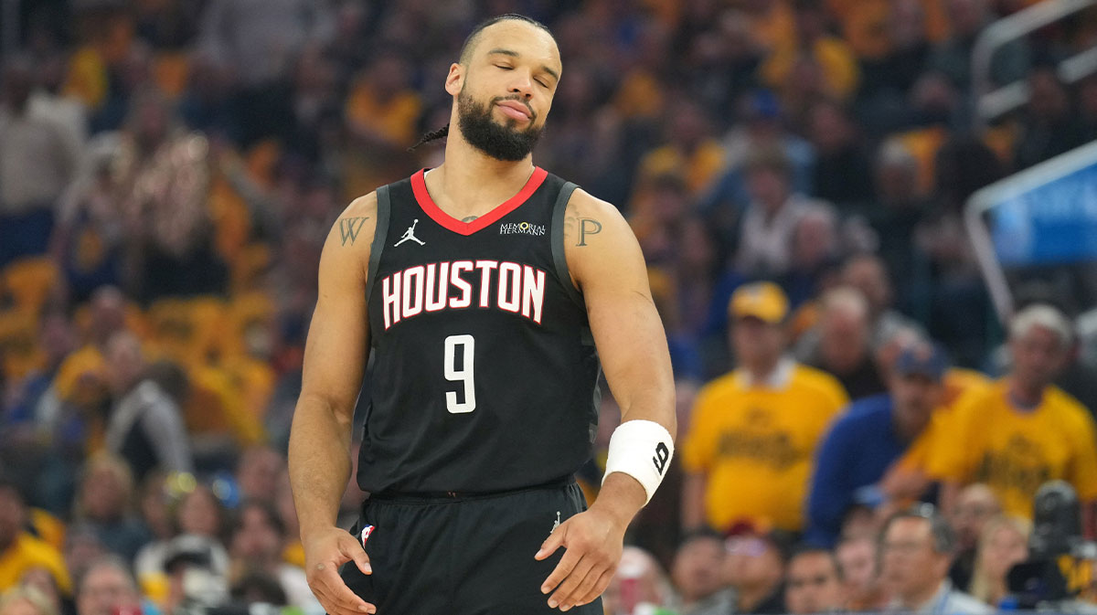 Houston Rockets forward Dillon Brooks (9) reacts after being called for a foul during the first quarter of game three of first round for the 2024 NBA Playoffs at Chase Center.