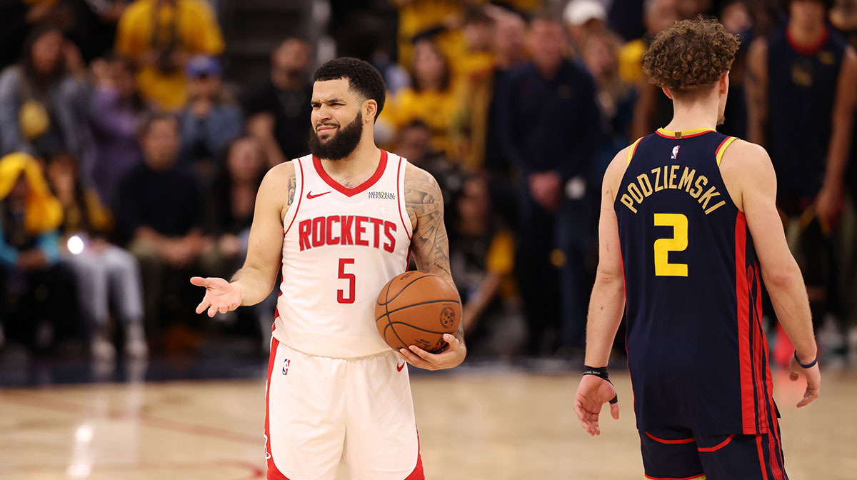 Houston Rockets guard Fred VanVleet (5) questions the call after a play against Golden State Warriors guard Brandin Podziemski (2) during the fourth quarter of game four of the 2025 NBA Playoffs first round at Chase Center.