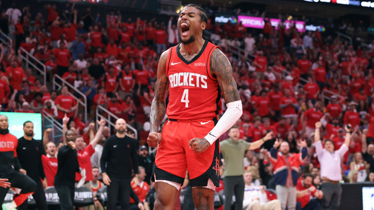 Rockets guard Jalen Green (4) reacts after scoring a basket