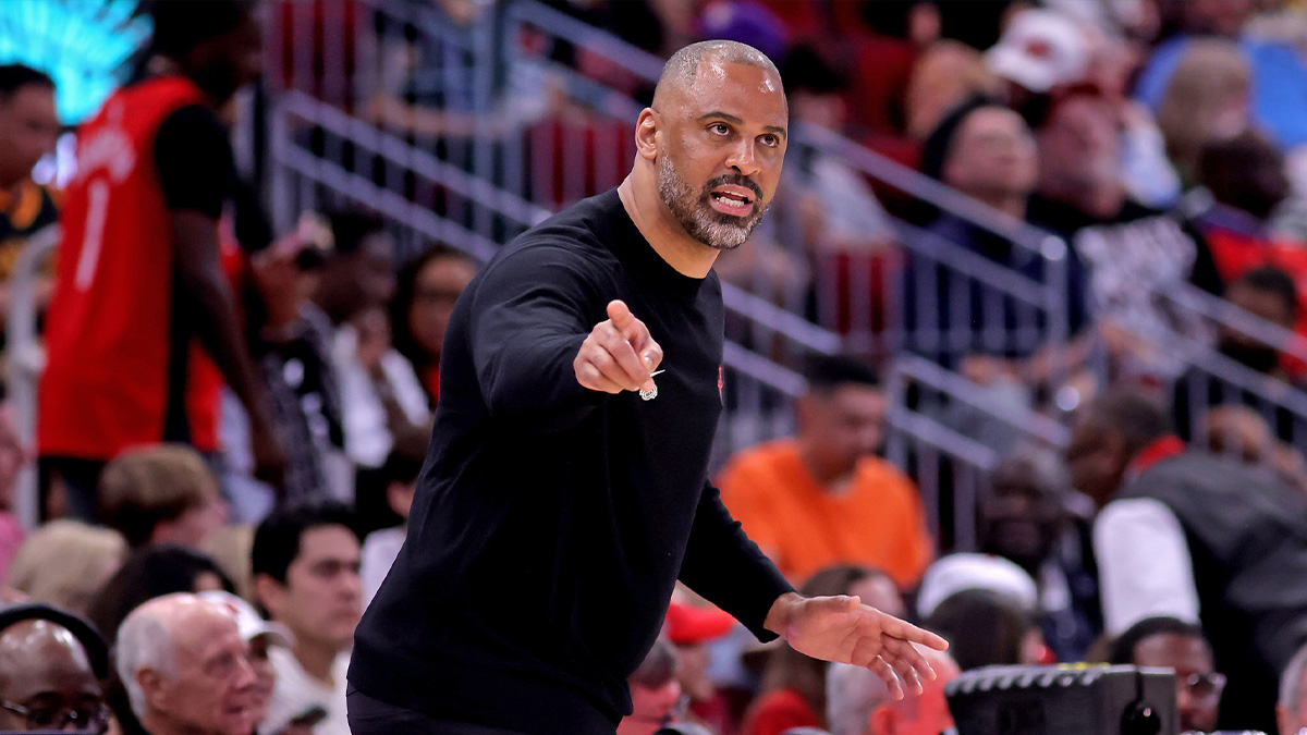 Houston Rockets head coach Ime Udoka on the sidelines against the Oklahoma City Thunder during the second quarter at Toyota Center.