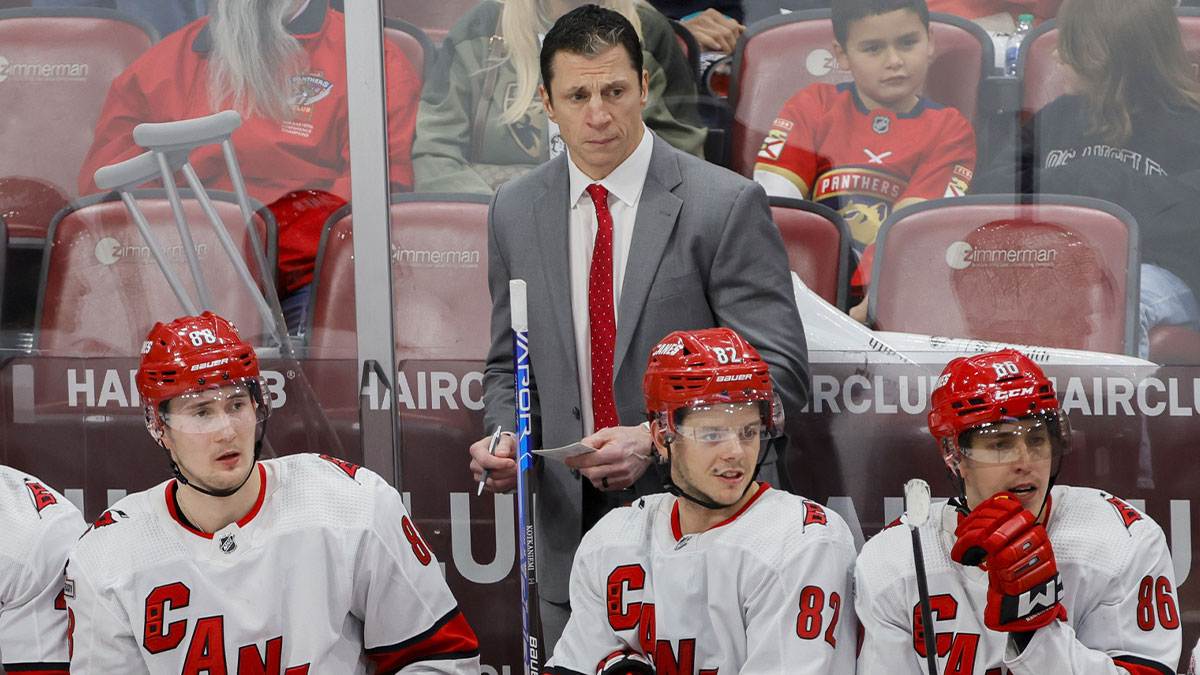 Carolina Hurricanes head coach Rod Brind Amour looks on from the bench during the third period against the Florida Panthers at FLA Live Arena.