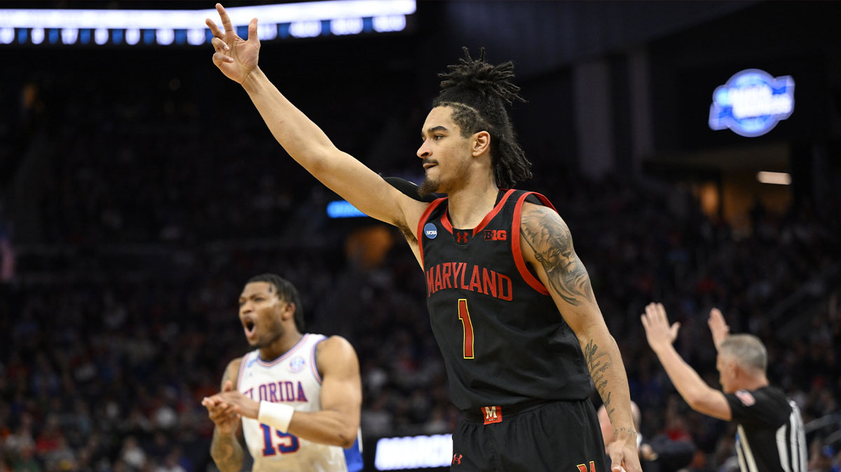 Maryland Terrapins guard Rodney Rice (1) reacts after shooting a three point basket during the second half against the Florida Gators during a West Regional semifinal of the 2025 NCAA tournament at Chase Center.