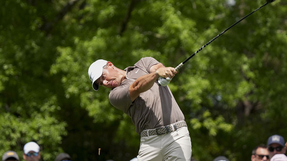 Rory McIlroy tees off on no. 5 during the first round of the Masters Tournament.