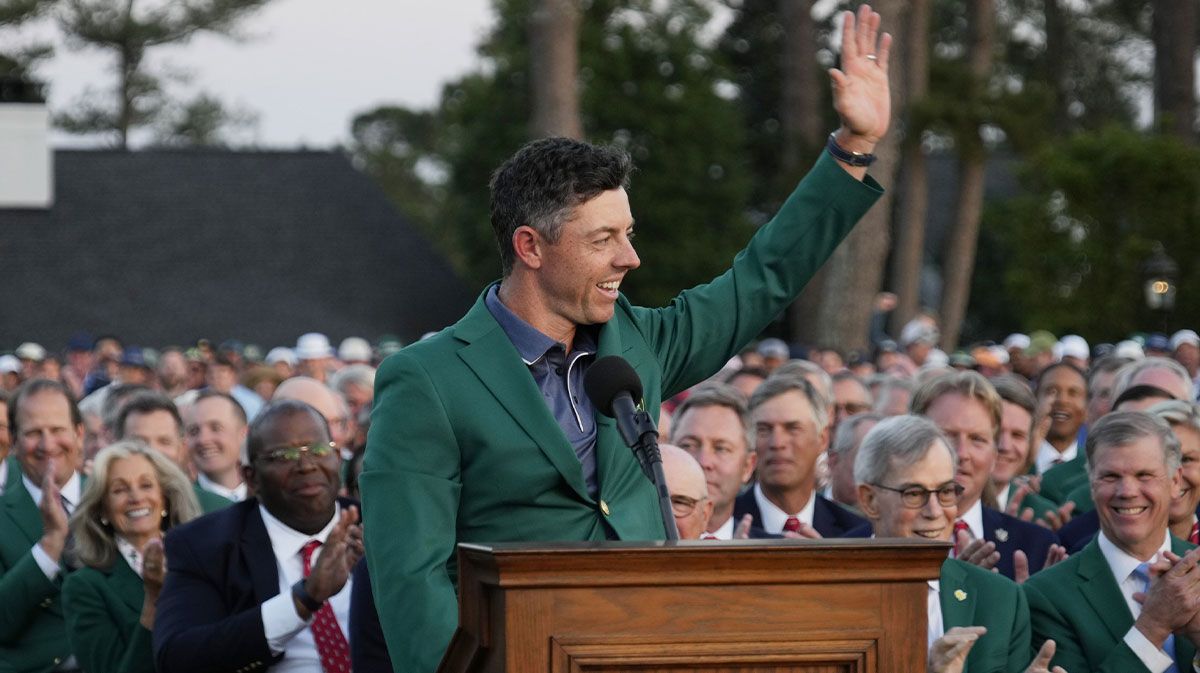 Rory McIlroy speaks after receiving the green jacket after winning the Masters Tournament at Augusta National Golf Club.