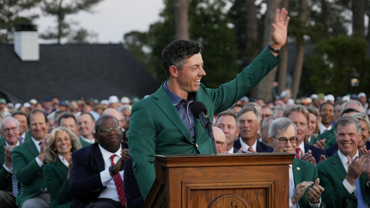 Rory McIlroy speaks after receiving the green jacket after winning the Masters Tournament at Augusta National Golf Club