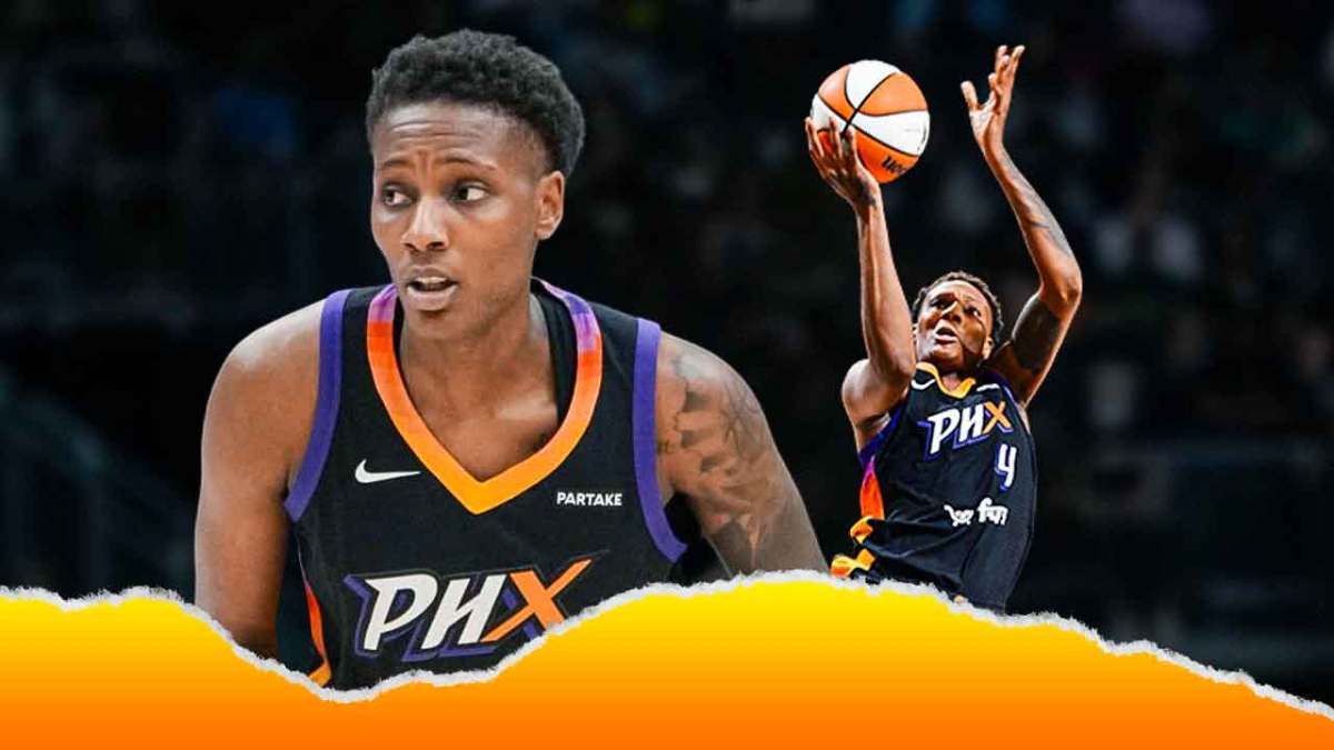 Natasha Mack in a Phoenix Mercury jersey looking hyped, and also grabbing a rebound, with question marks around her and the Mercury home arena in the background