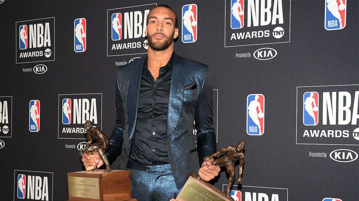 Utah Jazz center Rudy Gobert poses with his defensive player of the year awards at the 2019 NBA Awards show at Barker Hanger.