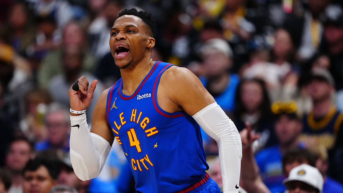 Denver Nuggets guard Russell Westbrook (4) reacts to his three point basket in the fourth quarter against the LA Clippers at Ball Arena.