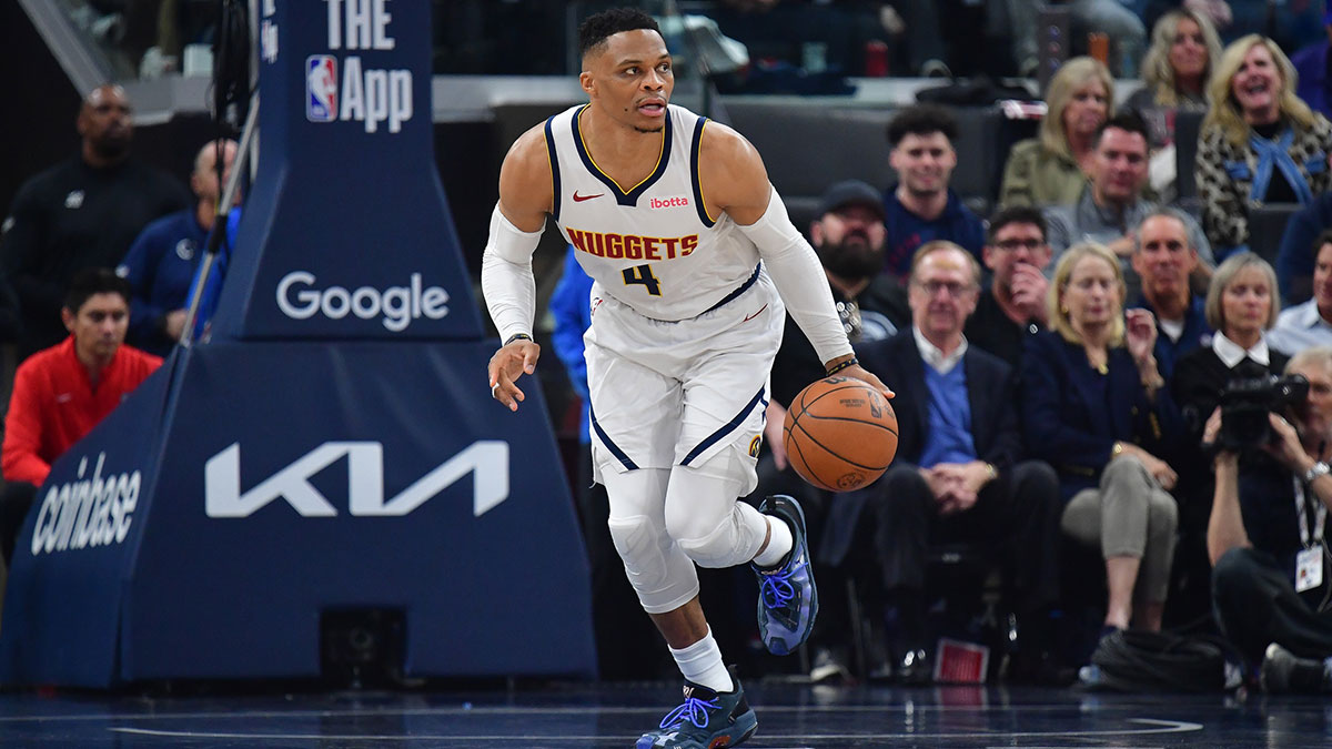 Denver Nuggets guard Russell Westbrook (4) moves the ball up court against the Los Angeles Clippers during the first half of game three in the first round for the 2024 NBA Playoffs at Intuit Dome.
