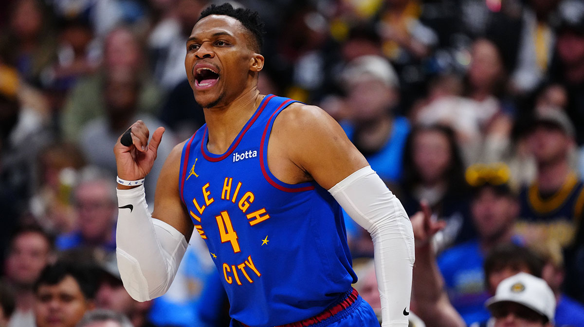 Denver Nuggets guard Russell Westbrook (4) reacts to his three point basket in the fourth quarter against the LA Clippers at Ball Arena.