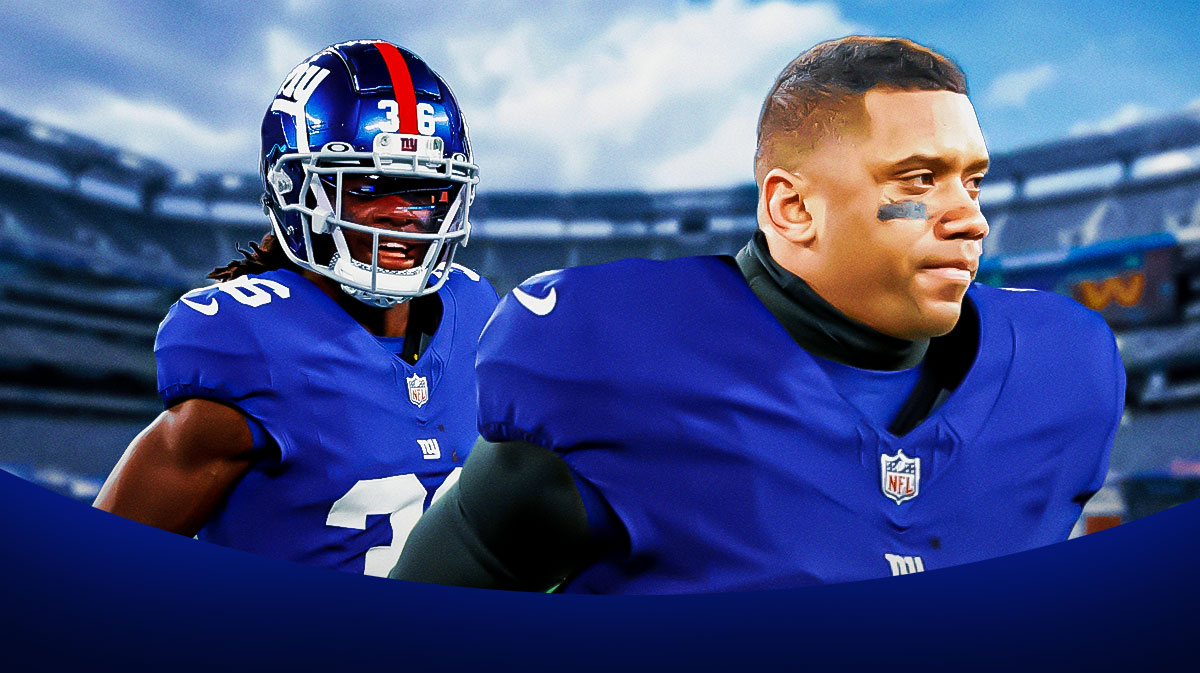 Russell Wilson (in a NY Giants uniform) and Deonte Banks. NY Giants stadium as the background