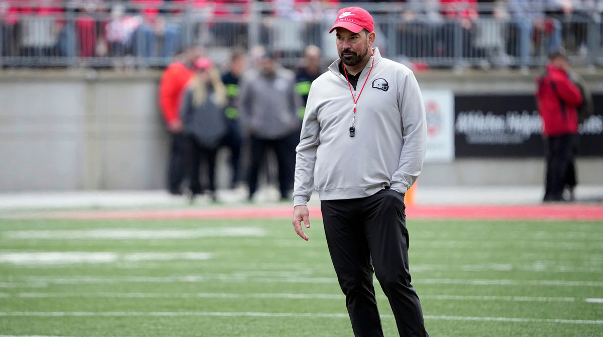 Ohio State Buckeye head coach Ryan Day watches his team in the 2nd half during the spring game at Ohio Stadium