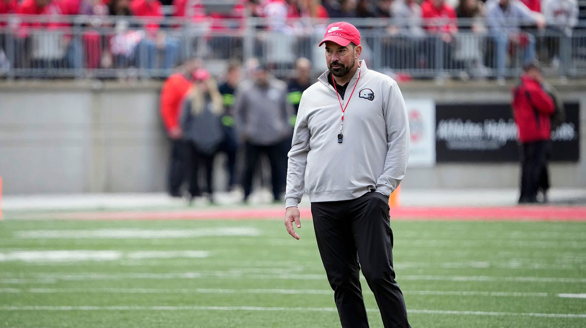 Ohio State Buckeye head coach Ryan Day watches his team in the 2nd half during the spring game
