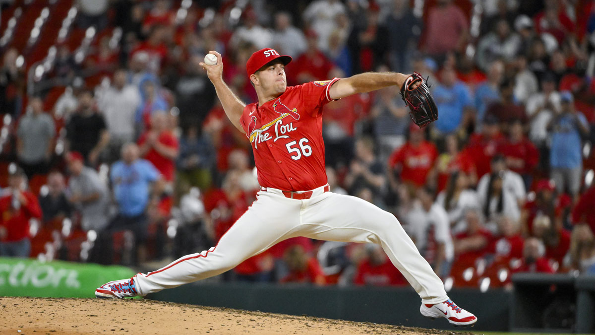 St. Louis Cardinals relief pitcher Ryan Helsley (56) pitches against the Milwaukee Brewers during the ninth inning at Busch Stadium.