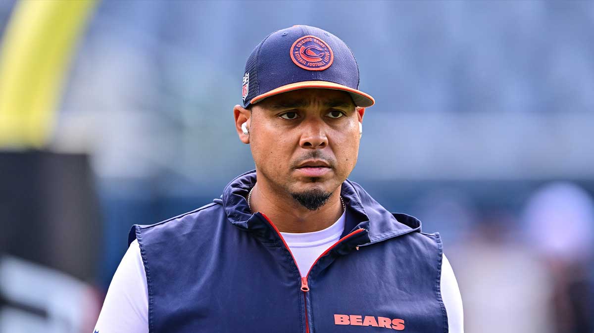 Chicago Bears general manager Ryan Poles looks on before the game against the Cincinnati Bengals at Soldier Field.