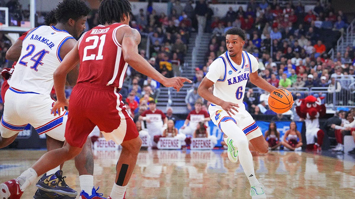 Kansas Jayhawks guard Rylan Griffen (6) drives to the basket during the second half against Arkansas Razorbacks at Amica Mutual Pavilion.