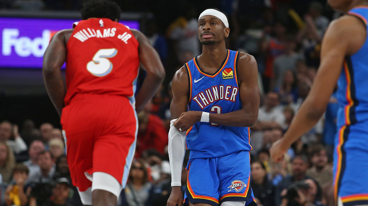 Oklahoma City Thunder guard Shai Gilgeous-Alexander (2) reacts during the fourth quarter against the Memphis Grizzlies during game four for the first round of the 2024 NBA Playoffs at FedExForum.