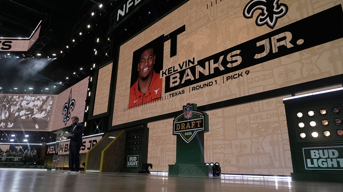Kelvin Banks Jr., OT, Texas was was selected 9th overall by the New Orleans Saints during the first round of the 2025 NFL Draft at Lambeau Field on April 24, 2025 in Green Bay, Wisconsin.