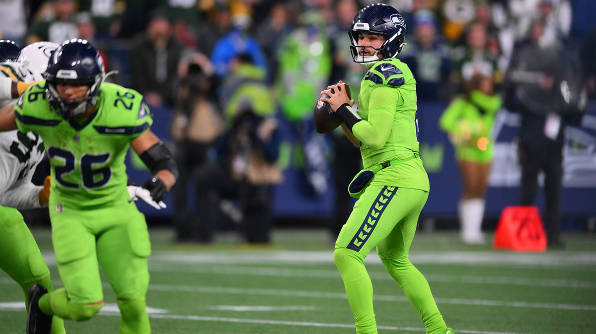 Seattle Seahawks quarterback Sam Howell (6) looks to pass the ball against the Green Bay Packers during the second half at Lumen Field.