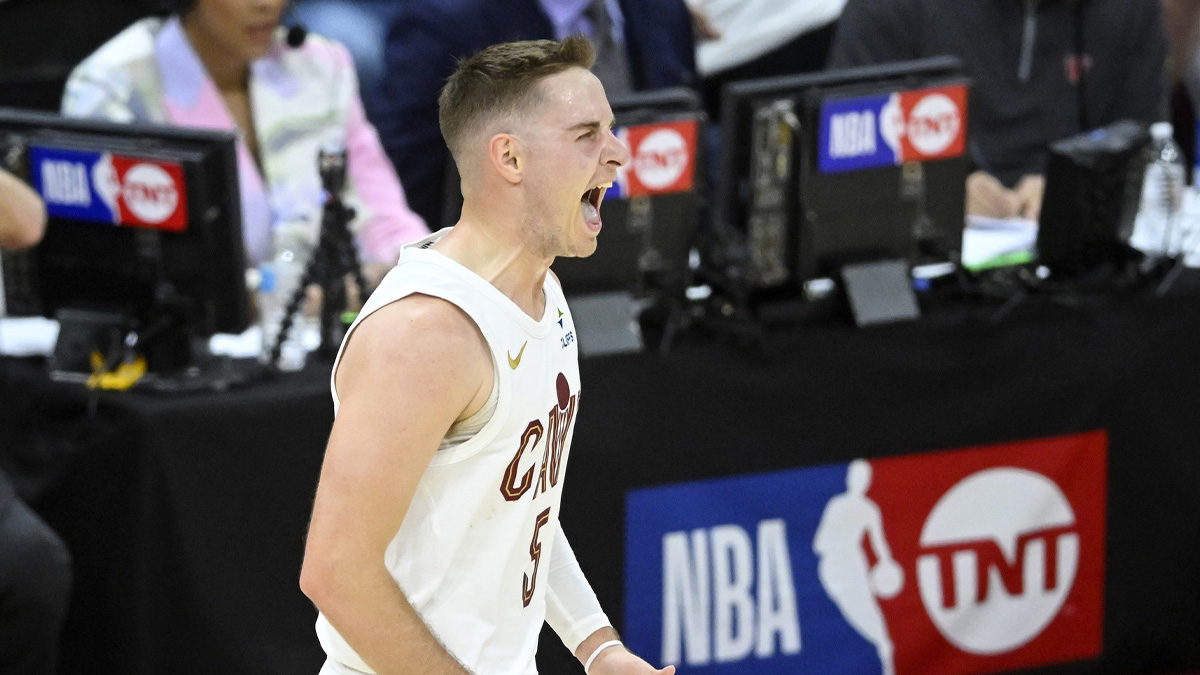 Cleveland Cavaliers guard Sam Merrill (5) celebrates his three-point basket in the fourth quarter against the Miami Heat at Rocket Arena.