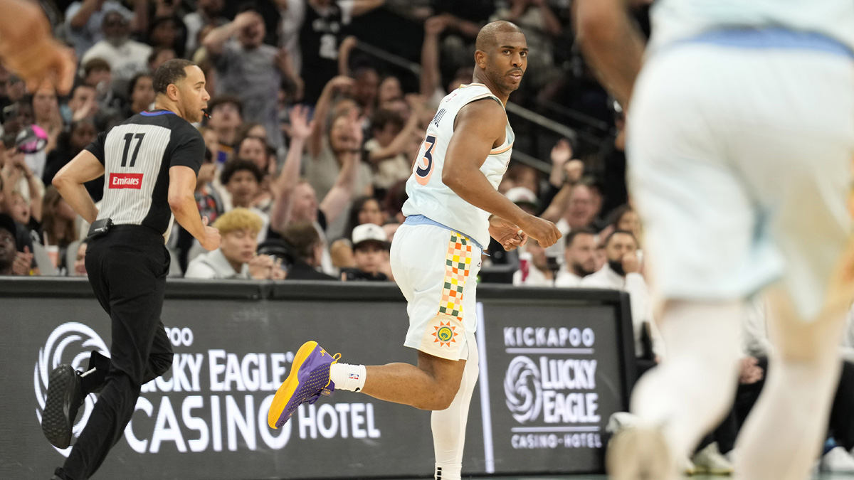 San Antonio Spurs guard Chris Paul (3) after scoring during the second half against the Toronto Raptors at Frost Bank Center.